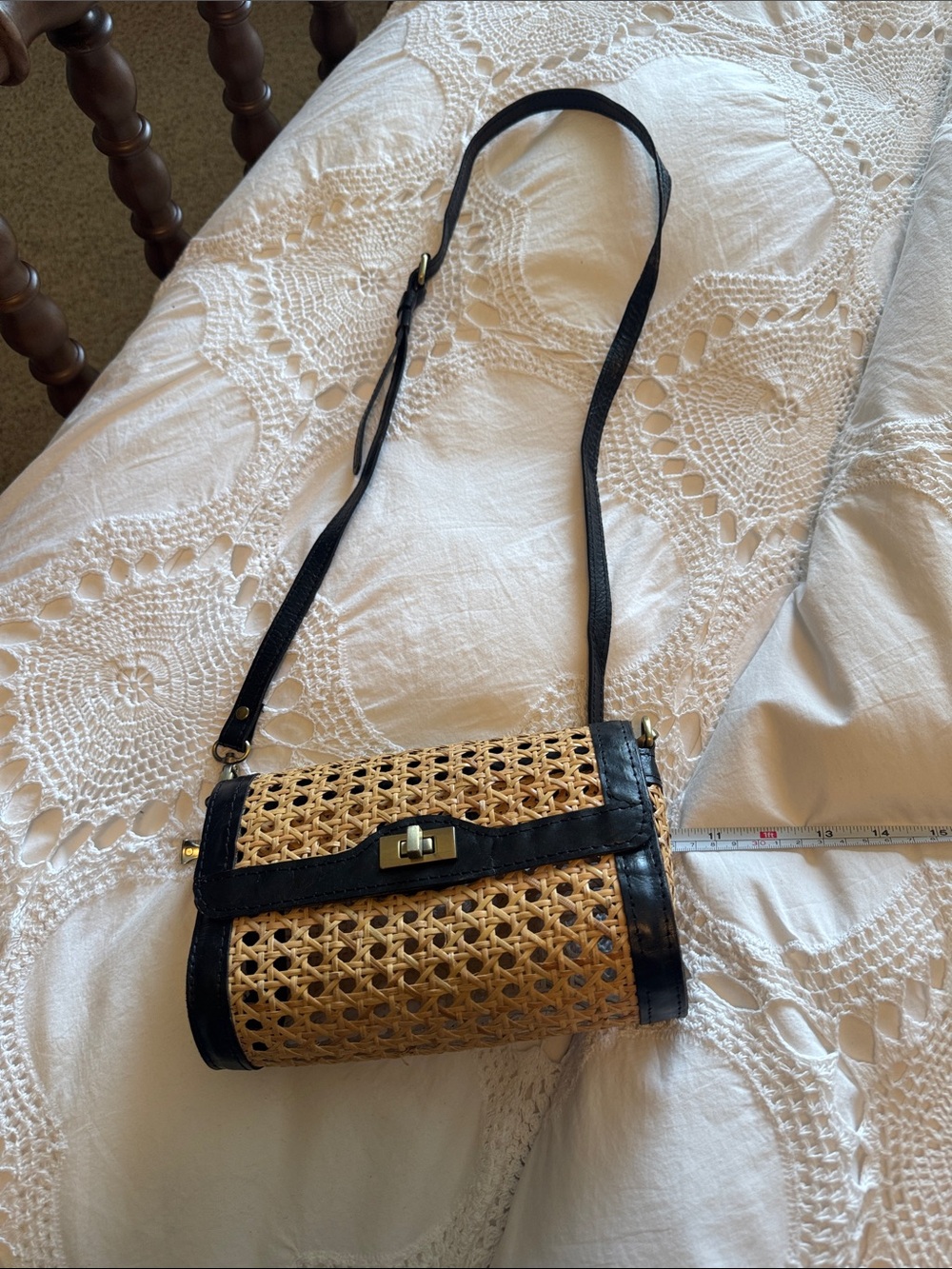 Woven Rattan Crossbody Bag with Black Trim